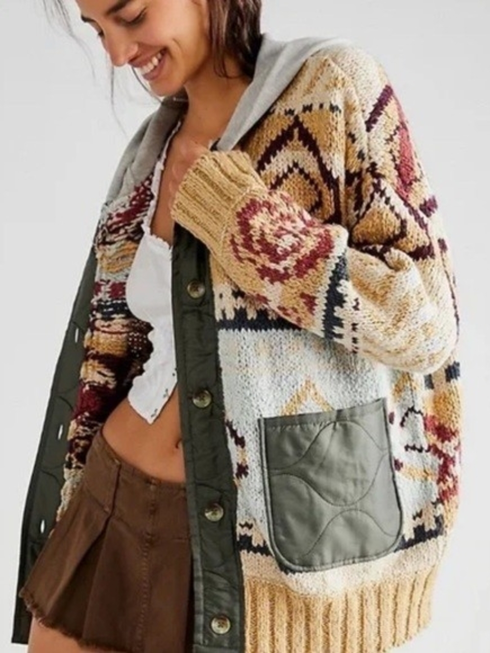 Cozy Aztec Knit Cardigan with Olive Trim